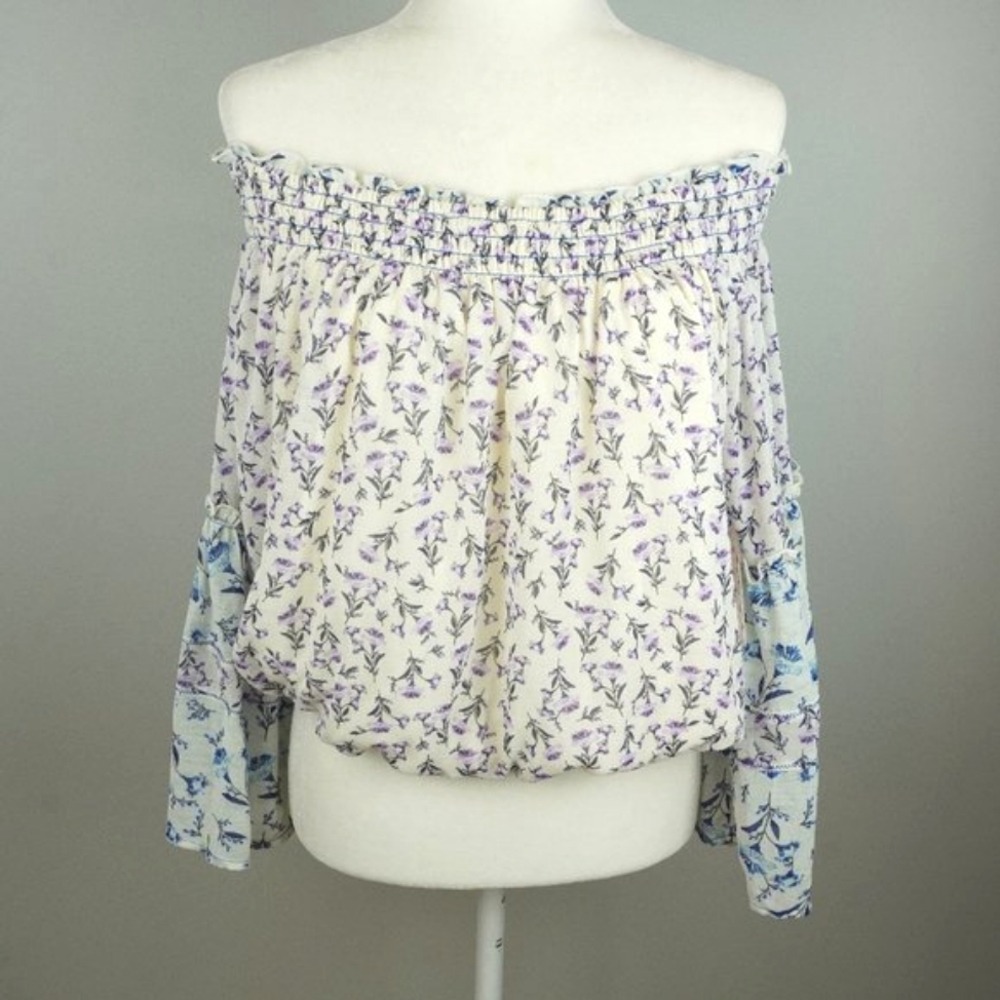 Free People Floral Off Shoulder Bell Sleeve Smocked Blouse Cream Purple Blue